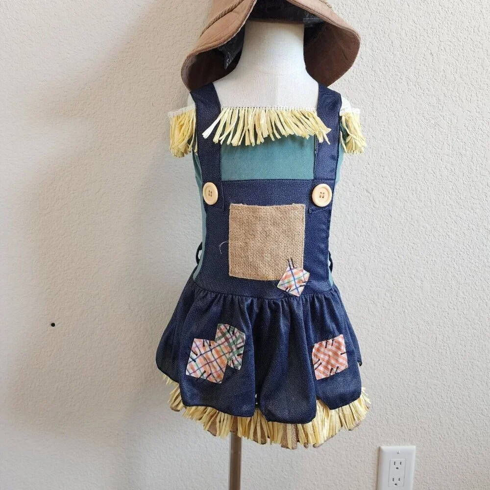 Wizard of Oz Scarecrow Patchwork Straw Hay Dress Halloween Costume w/Hat S/4-6